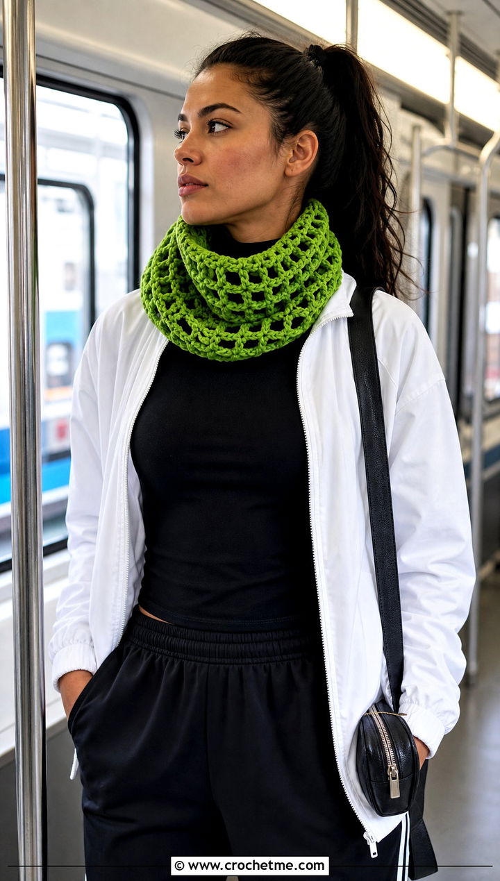 Mesh Chunky Yarn Crochet Cowl With Track Jacket - 25 Chunky Yarn Crochet Cowl outfit ideas