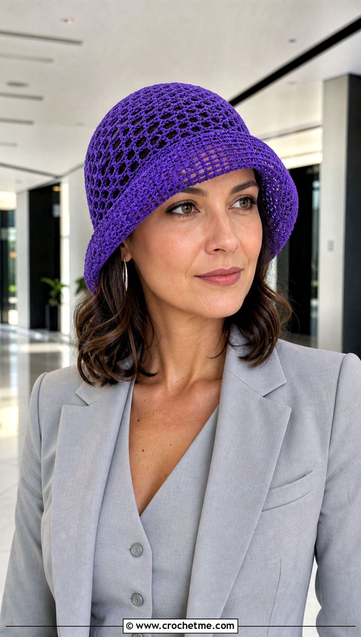 Mesh Cloche Hat With Tailored Suit - 25 crochet net hat outfit ideas