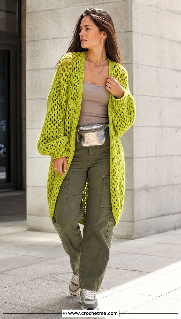 Mesh Cocoon Crochet Cardigan With Cargo Pants - 25 Cocoon Crochet Cardigan outfit ideas