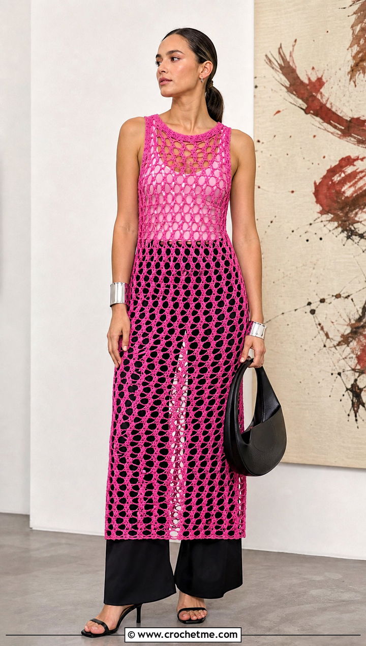Mesh Column Crochet Overlay Dress With Wide Leg Pants - 25 Crochet Overlay Dress outfit ideas