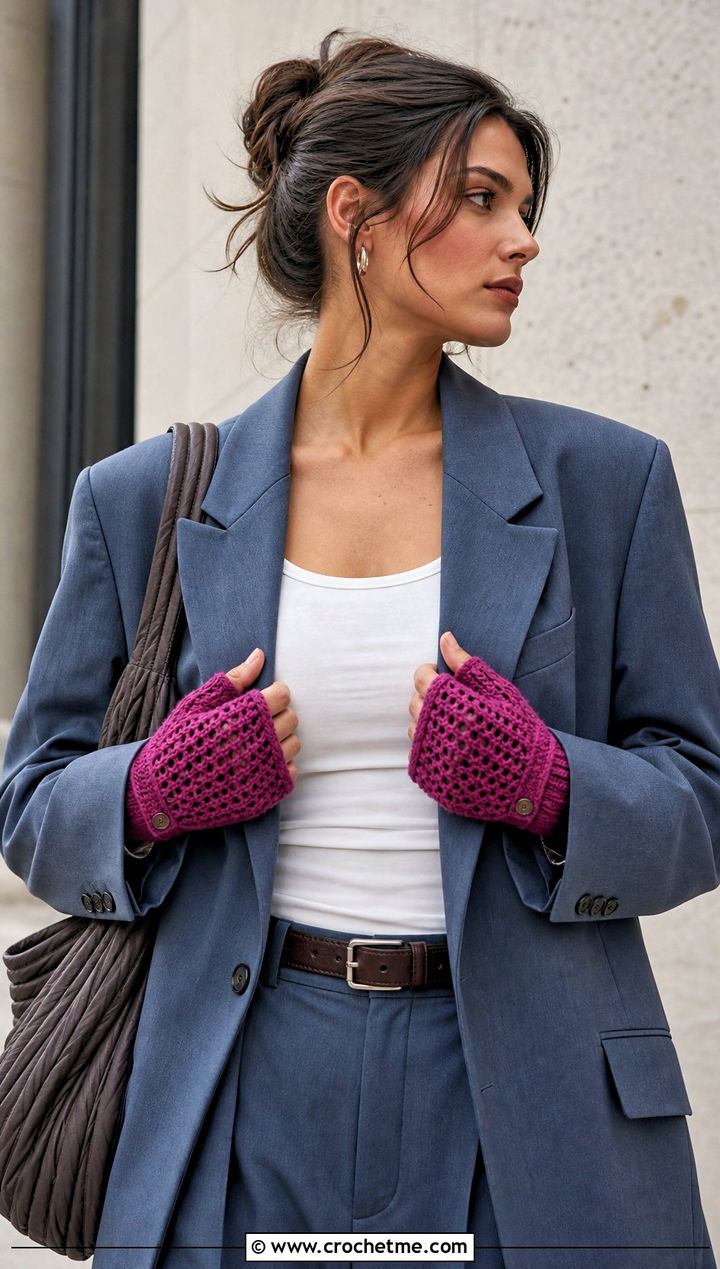 Mesh Convertible Crochet Fingerless Mittens With Oversized Suit - 20 Convertible Crochet Fingerless Mittens outfit ideas