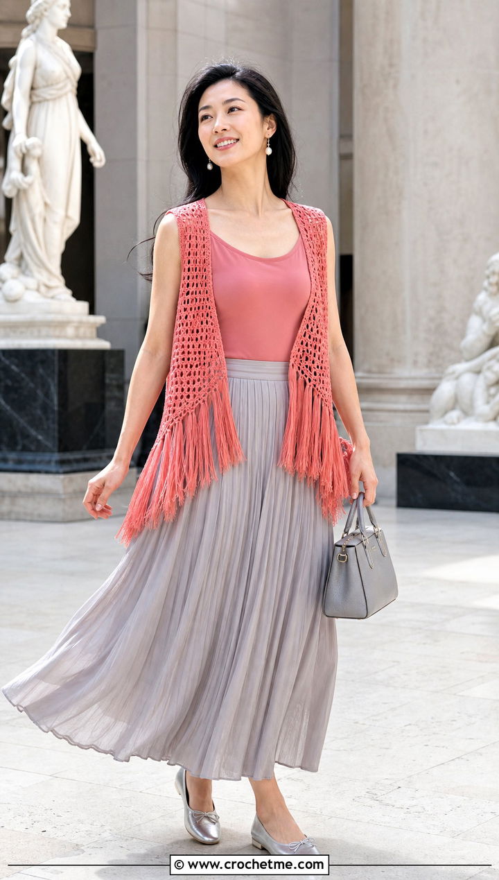 Mesh Coral Fringe Vest With Pleated Maxi Skirt - 15 coral fringe vest in knit crochet boho style outfit ideas