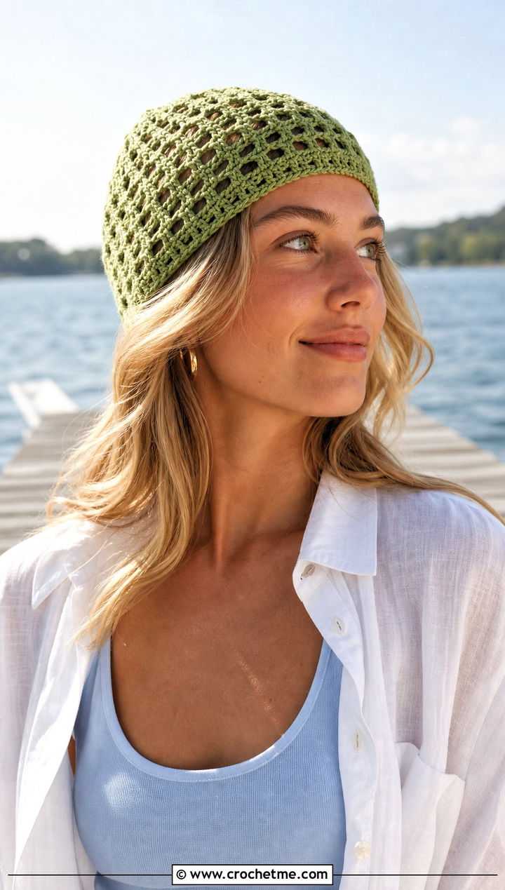 Mesh Cotton Crochet Beanie With Linen Shirt - 25 lakeside crochet beanie outfit ideas