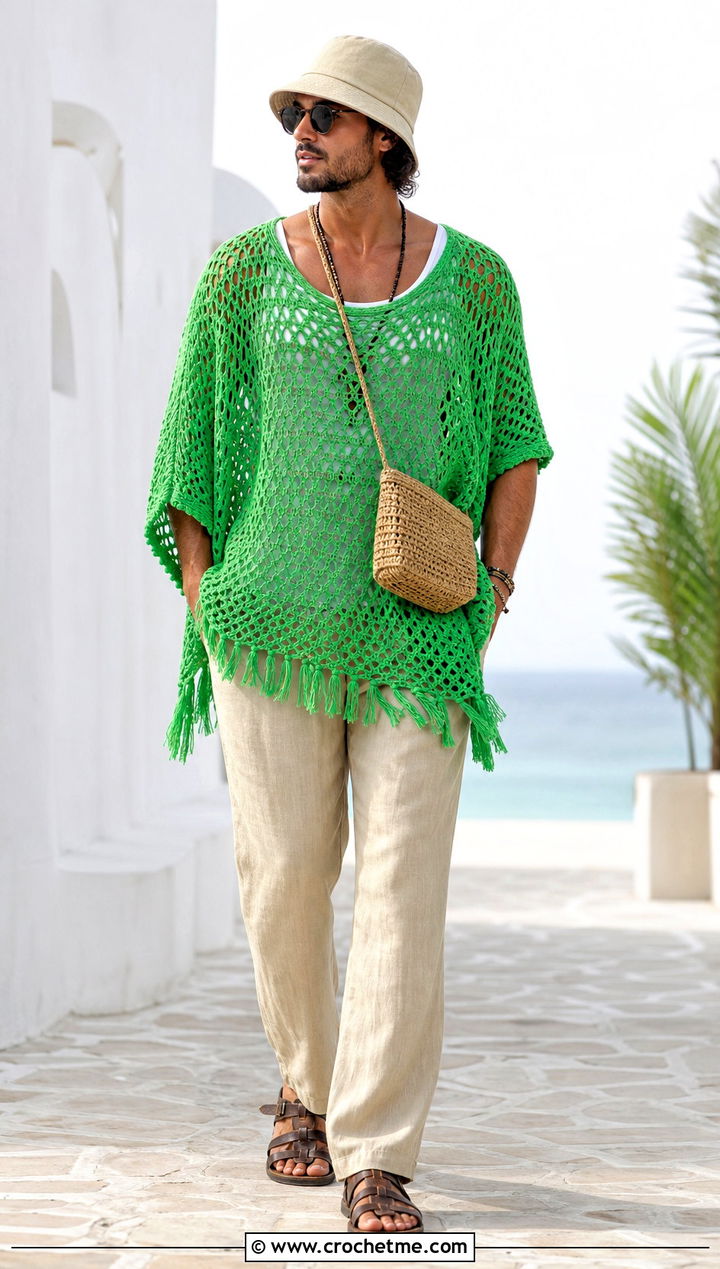 Mesh Cotton Crochet Poncho With Linen Pants - 30 men crochet poncho outfit ideas