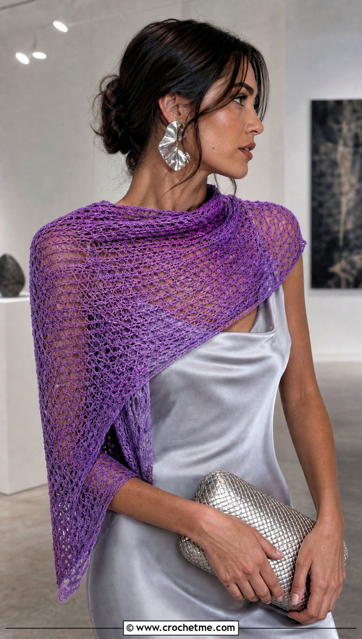 Mesh Crescent Crochet Shawl With Satin Slip Dress - 25 Crescent Crochet Shawl outfit ideas