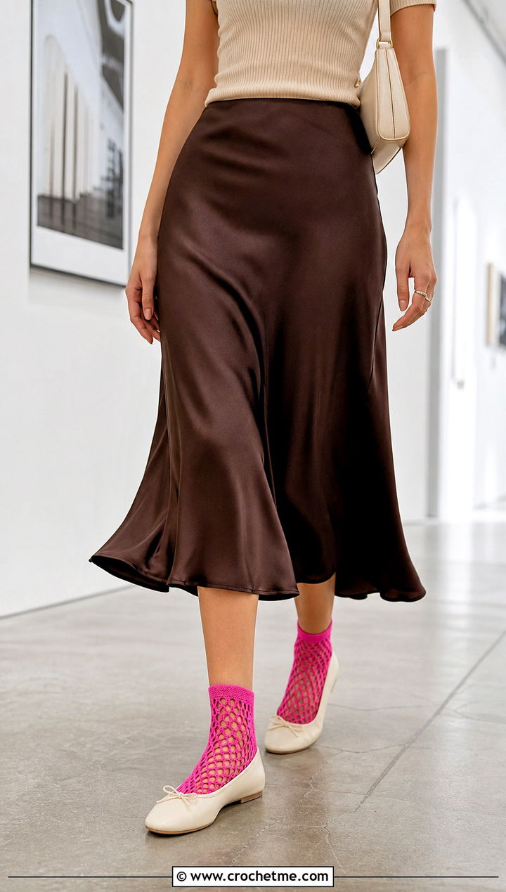 Mesh Crochet Ankle Socks With Midi Skirt - 35 easy crocheted socks outfit ideas