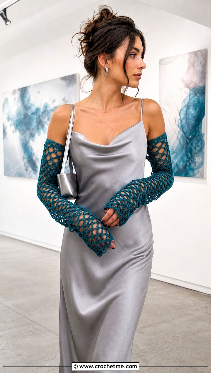 Mesh Crochet Arm Warmers With Slip Dress And Ankle Boots - 25 Easy Crochet Arm Warmers outfit ideas