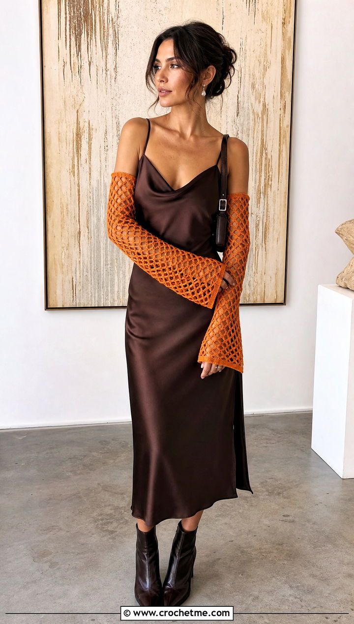 Mesh Crochet Arm Warmers With Slip Dress And Boots - 25 Crochet Arm Warmer outfit ideas