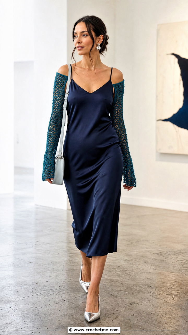 Mesh Crochet Arm Warmers With Slip Dress - 35 crochet arm warmers outfit ideas