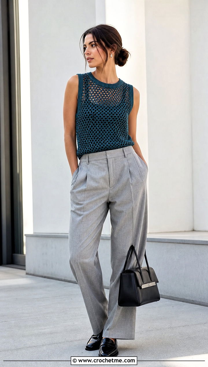 Mesh Crochet Army Tank With Tailored Trousers - 30 crochet army tank outfit ideas