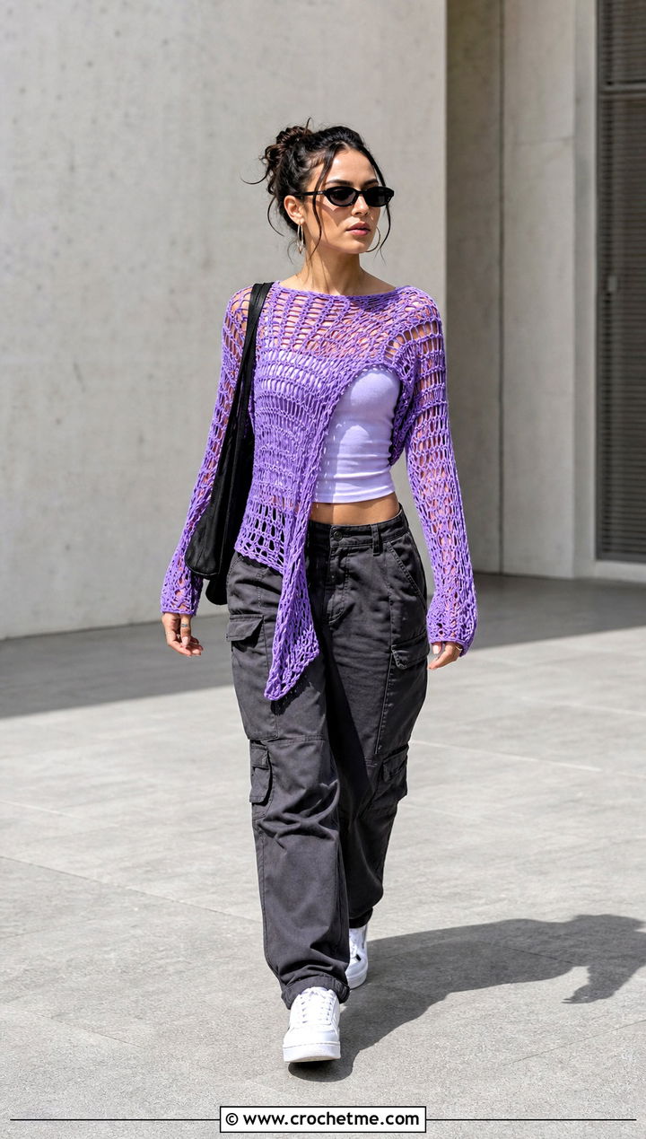Mesh Crochet Asymmetrical Top With Cargo Pants - 25 crochet assymetrical top outfit ideas