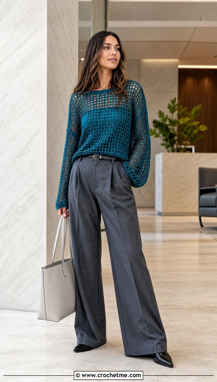 Mesh Crochet Baggy Sweater With Wide Leg Trousers - 30 crochet baggy sweater outfit ideas