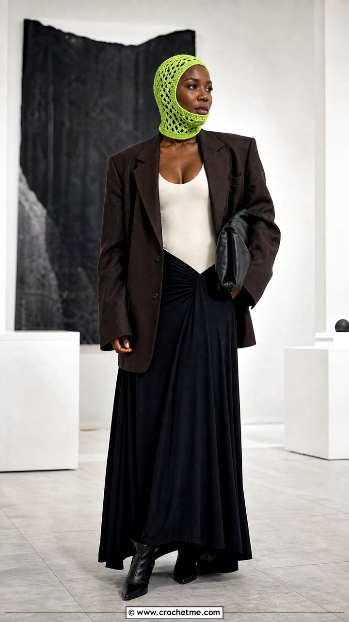Mesh Crochet Balaclava With Blazer And Maxi Skirt - 35 crochet balaclava outfit ideas