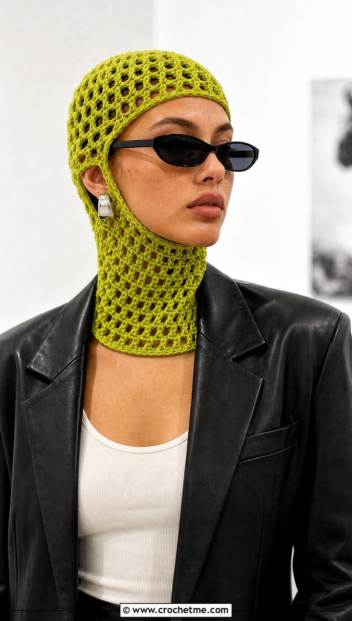 Mesh Crochet Balaclava With Leather Blazer - 25 easy crochet balaclava outfit ideas
