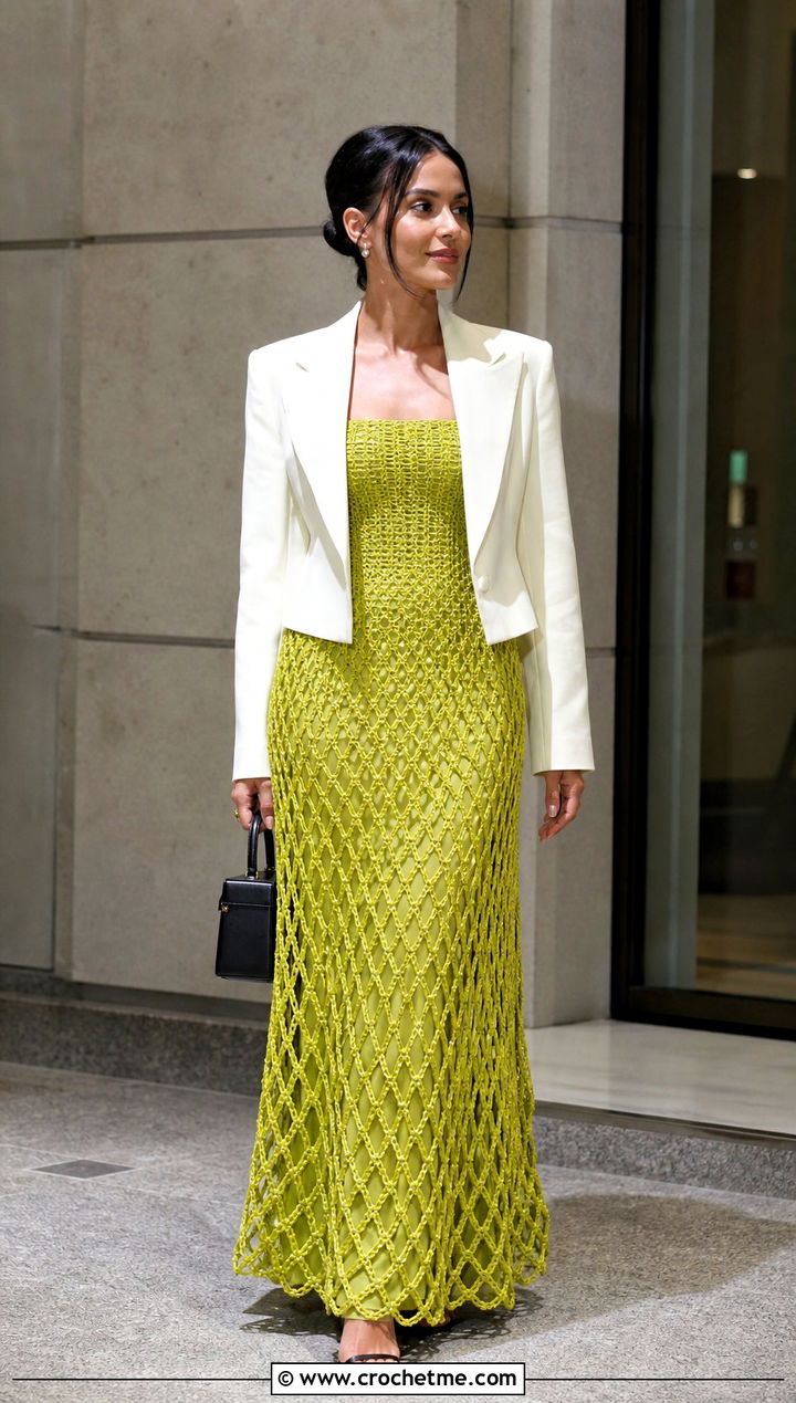 Mesh Crochet Ball Gown With Tailored Blazer - 30 crochet ball gown dress outfit ideas