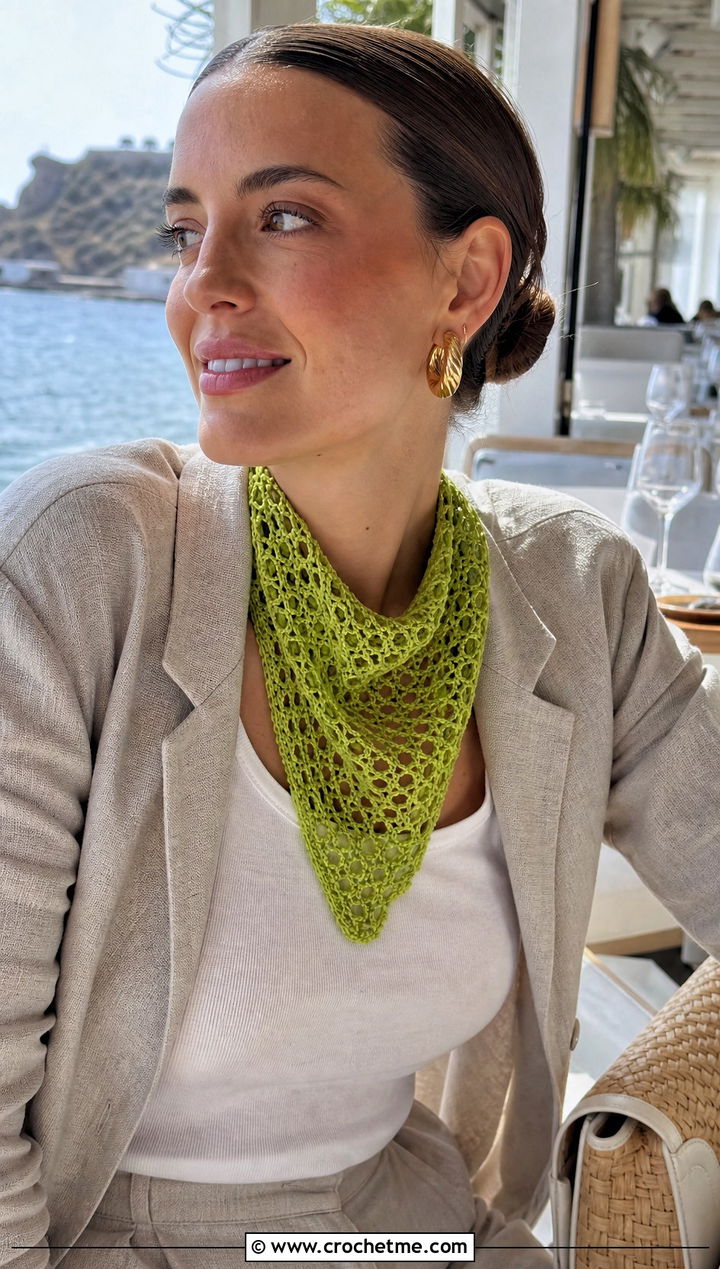 Mesh Crochet Bandana Cowl With Linen Suit - 30 crochet bandana cowl outfit ideas