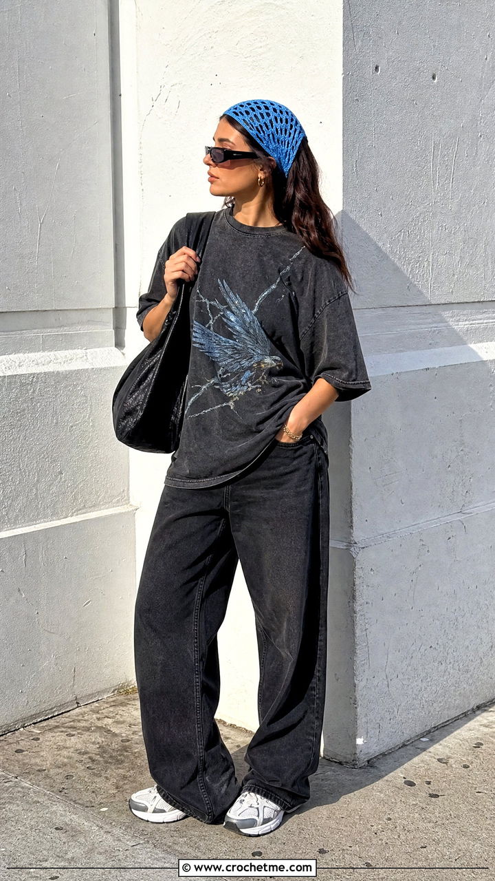 Mesh Crochet Bandana Scarf With Oversized Graphic Tee - 35 crochet bandana scarf outfit ideas