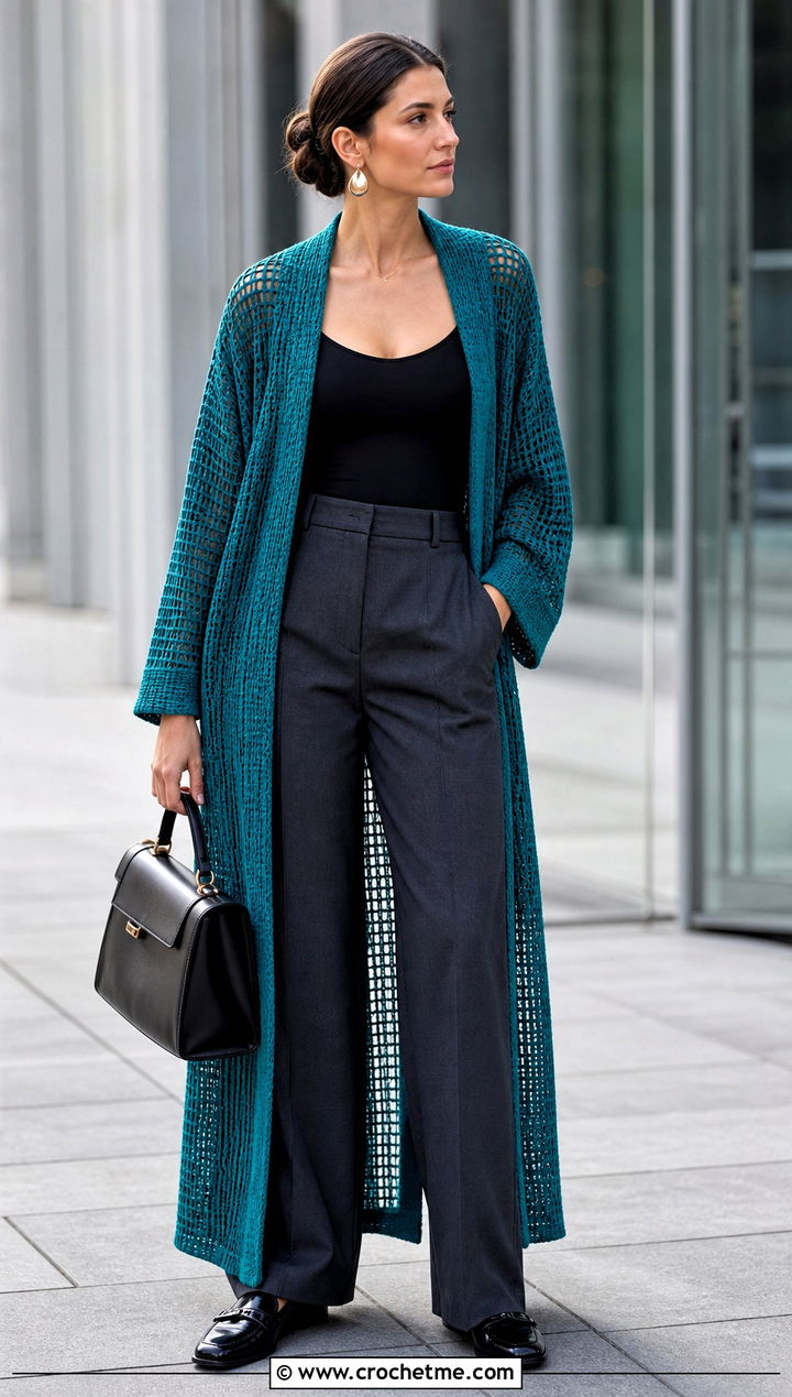 Mesh Crochet Bathrobe With Tailored Trousers - 30 crochet bathrobe outfit ideas