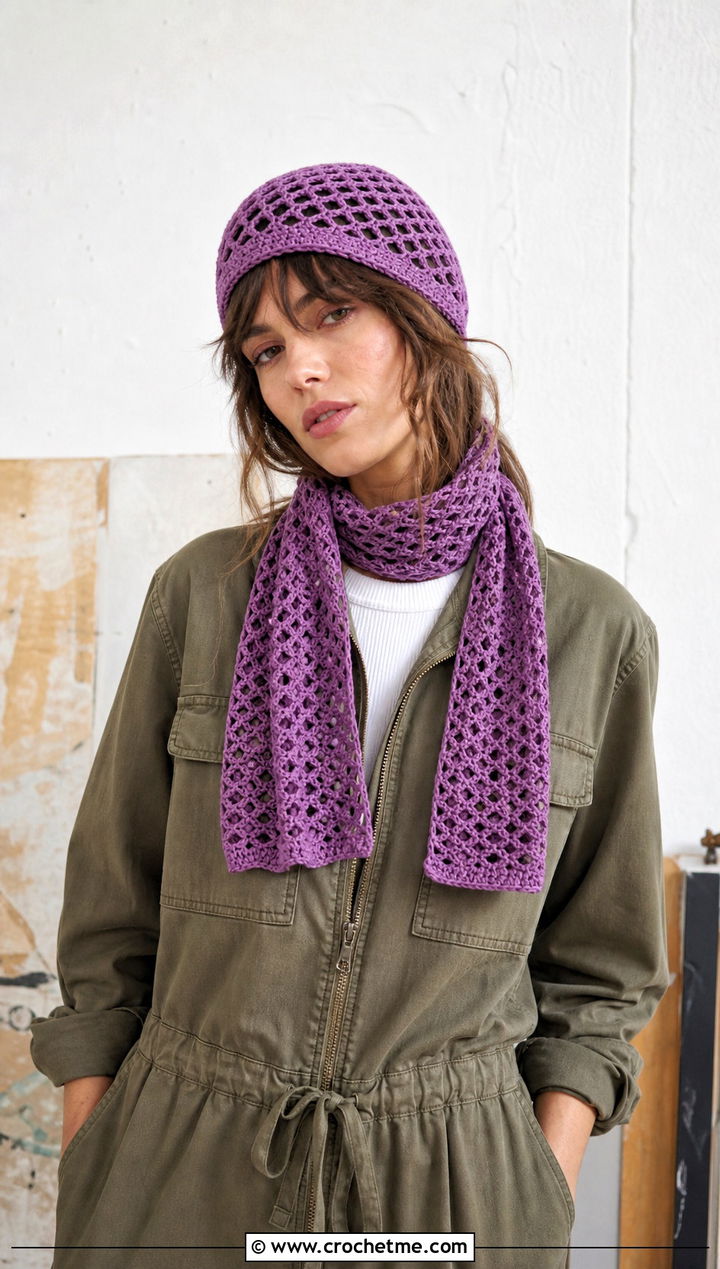 Mesh Crochet Beanie And Scarf Set With Utility Jumpsuit - 30 crochet beanie and scarf set outfit ideas