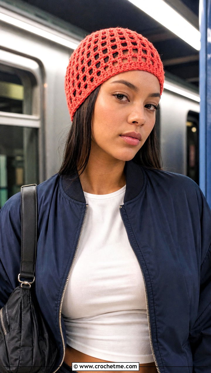 Mesh Crochet Beanie With Bomber Jacket - 35 basic crochet beanie outfit ideas
