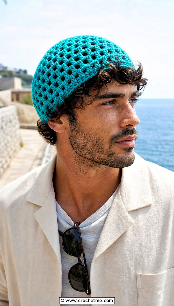 Mesh Crochet Beanie With Camp Collar Shirt - 25 crochet for men's beanies outfit ideas