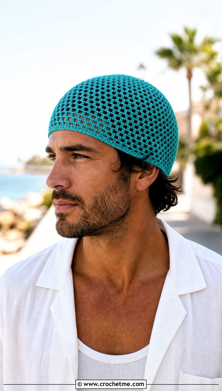 Mesh Crochet Beanie With Camp Collar Shirt - 25 easy crochet beanie for men outfit ideas