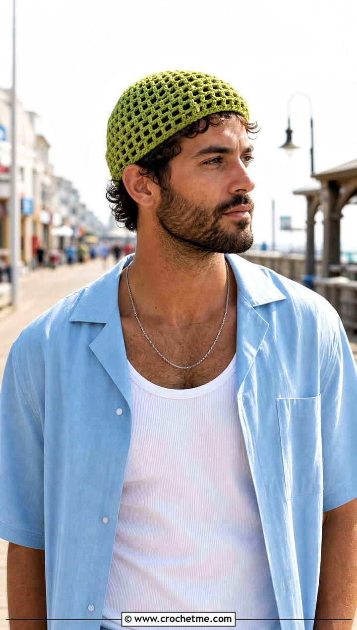 Mesh Crochet Beanie With Camp Collar Shirt - 25 easy men's crochet beanie outfit ideas
