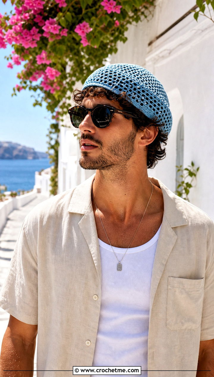 Mesh Crochet Beanie With Camp Collar Shirt - 30 mens crochet hats men's beanie outfit ideas