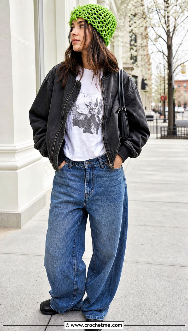 Mesh Crochet Beanie With Graphic Tee And Wide Leg Jeans - 15 Crochet Beanie All Sizes outfit ideas