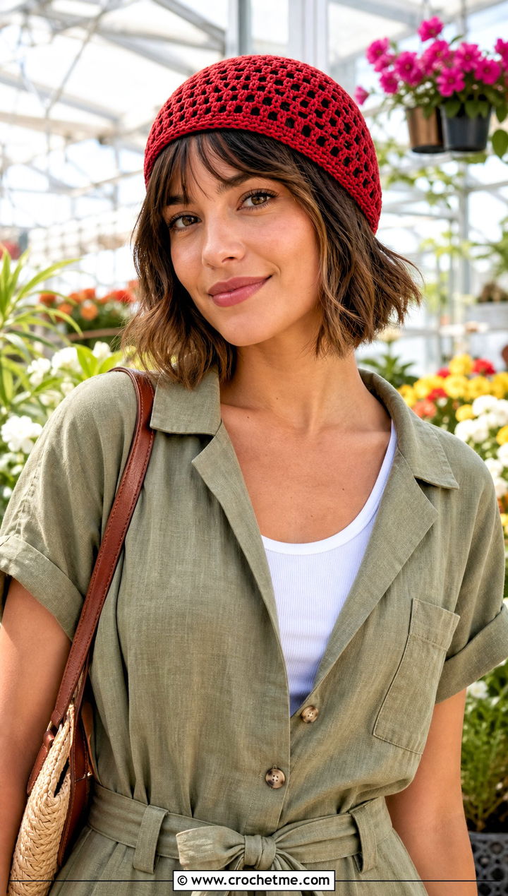 Mesh Crochet Beanie With Linen Jumpsuit - 25 country cottage crochet beanie outfit ideas