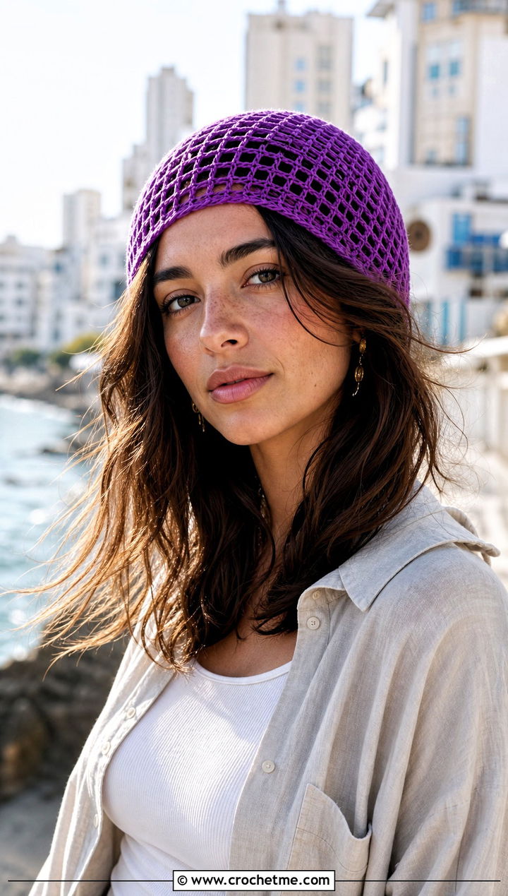 Mesh Crochet Beanie With Linen Shirt - 15 crochet beany hat outfit ideas