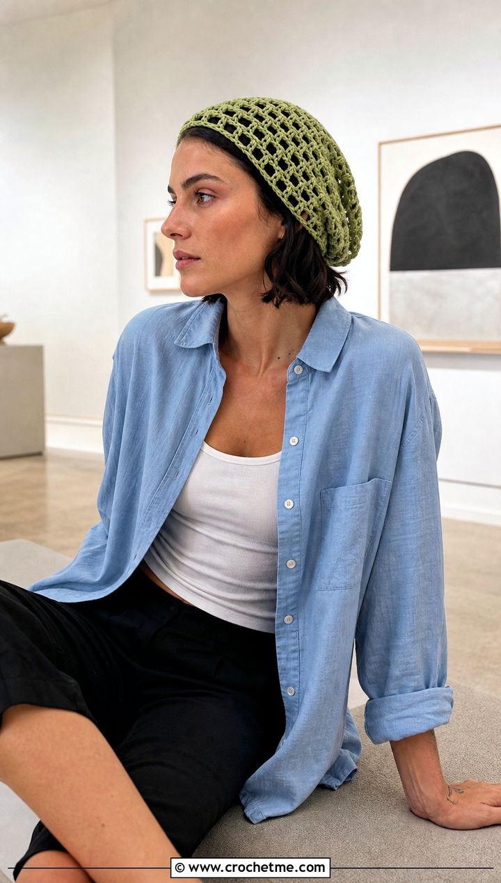 Mesh Crochet Beanie With Linen Shirt And Capri Pants - 15 Womens Crochet Beanie outfit ideas