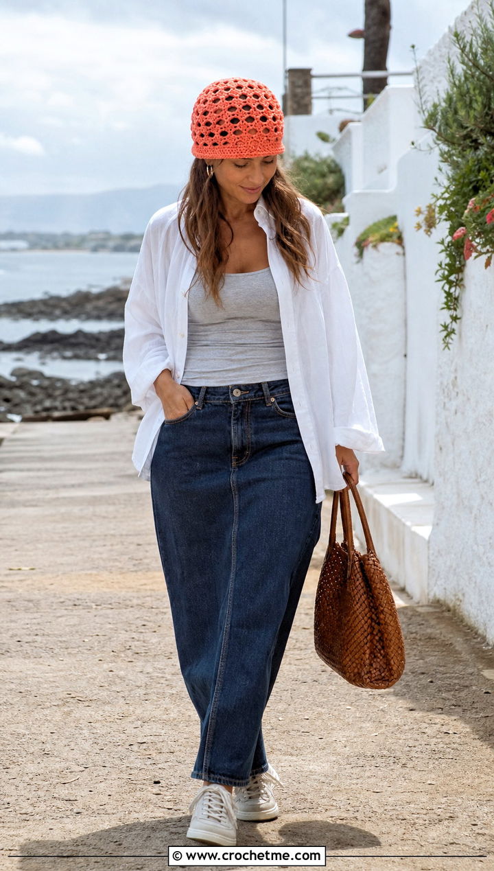 Mesh Crochet Beanie With Linen Shirt And Denim Maxi Skirt - 35 crocheted beanies outfit ideas