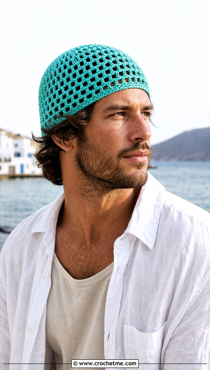 Mesh Crochet Beanie With Linen Shirt - 25 Easy Mens Crochet Beanie outfit ideas