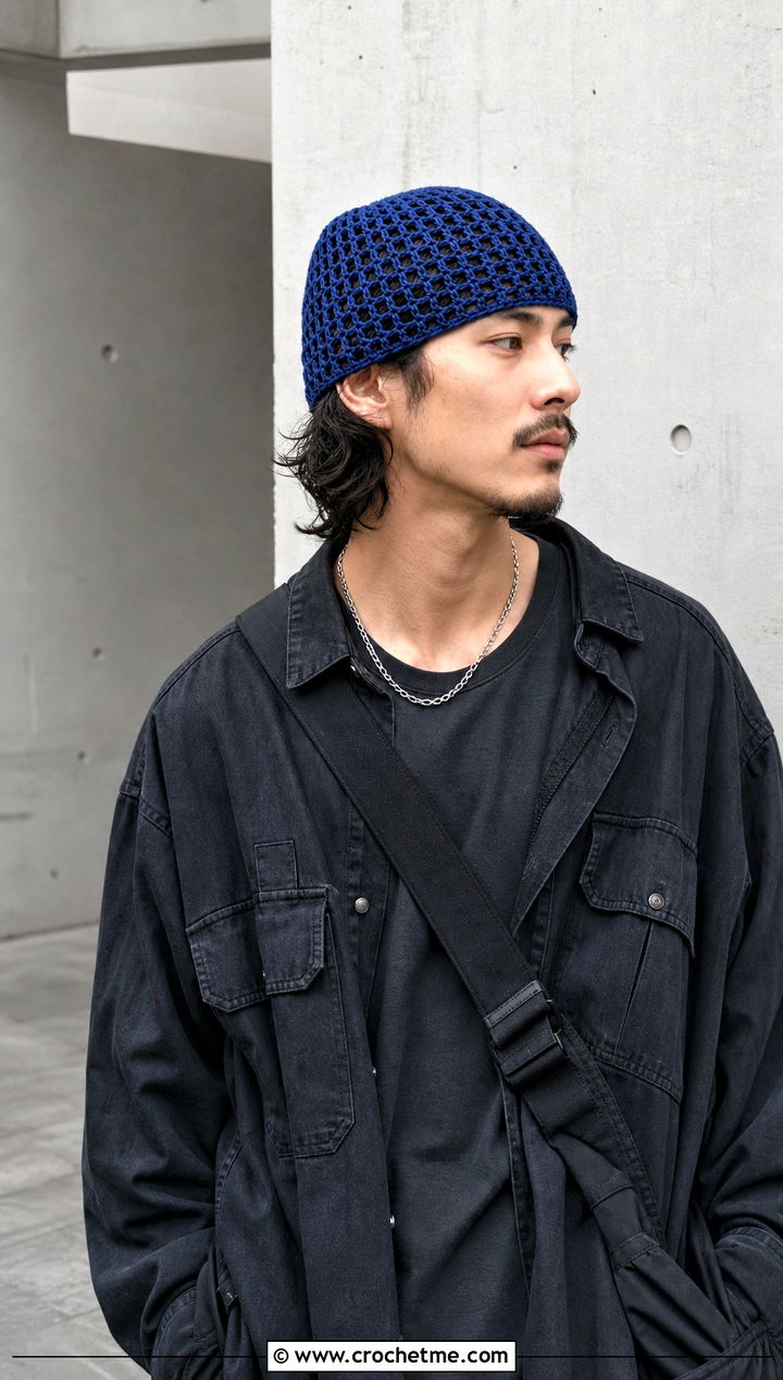 Mesh Crochet Beanie With Monochrome Streetwear - 15 Easy Crochet Mens Hat outfit ideas