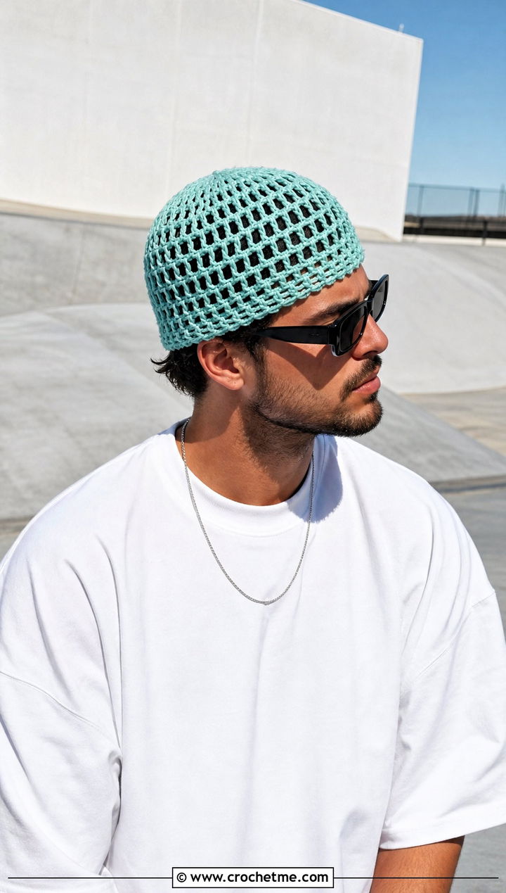 Mesh Crochet Beanie With Oversized T Shirt - 30 crochet man beanie outfit ideas