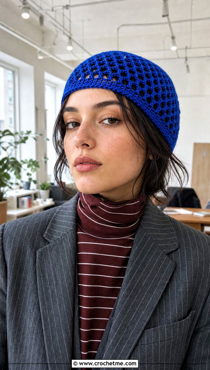 Mesh Crochet Beanie With Relaxed Suit - 25 Fall Crochet Beanie outfit ideas