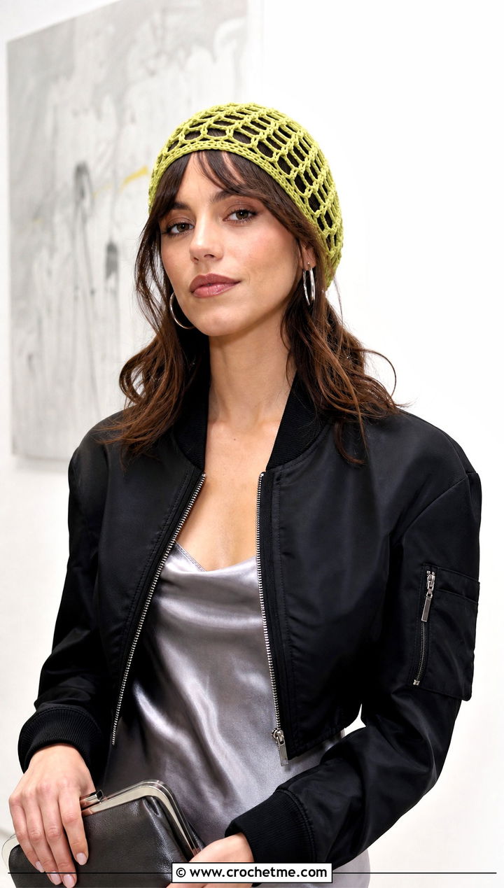 Mesh Crochet Beanie With Slip Dress And Bomber Jacket - 15 cool crochet beanie outfit ideas