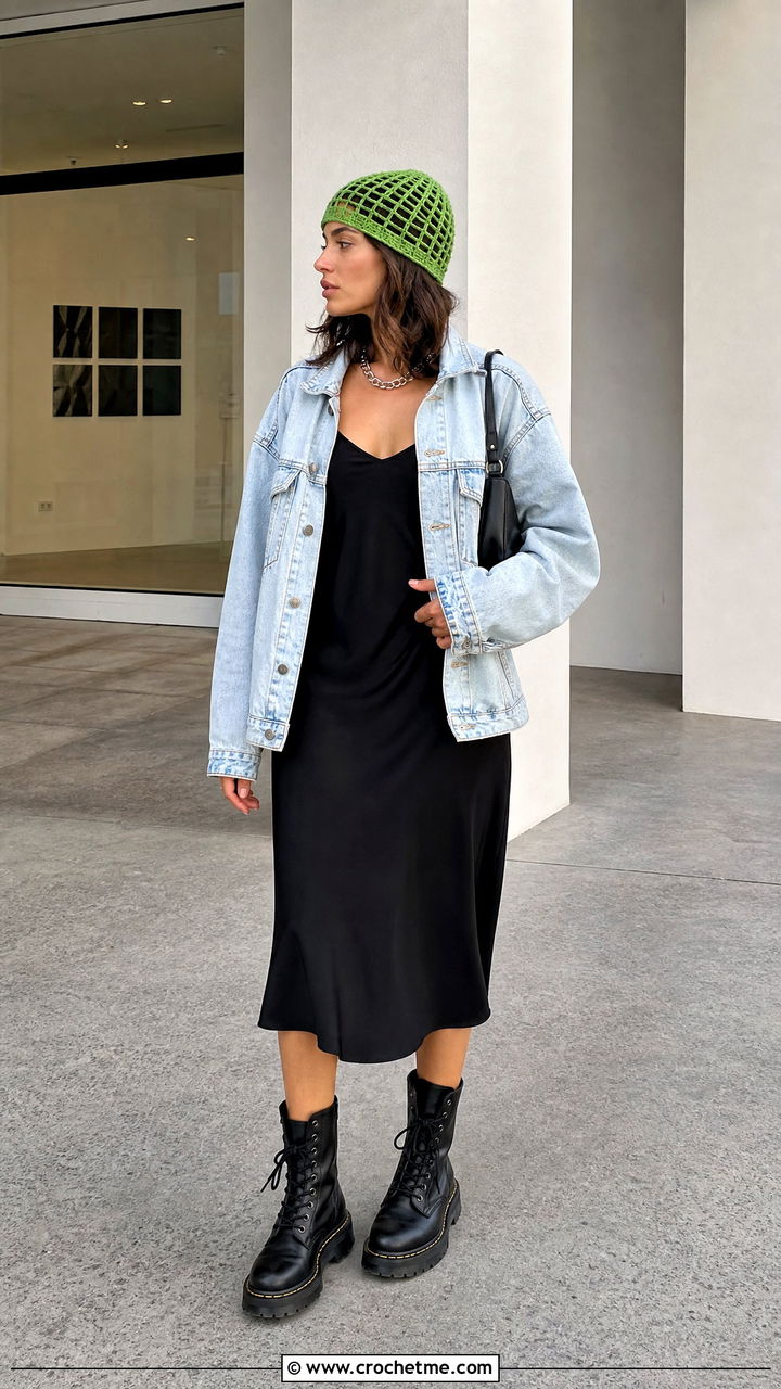 Mesh Crochet Beanie With Slip Dress And Jacket - 35 easy crochet beanie outfit ideas