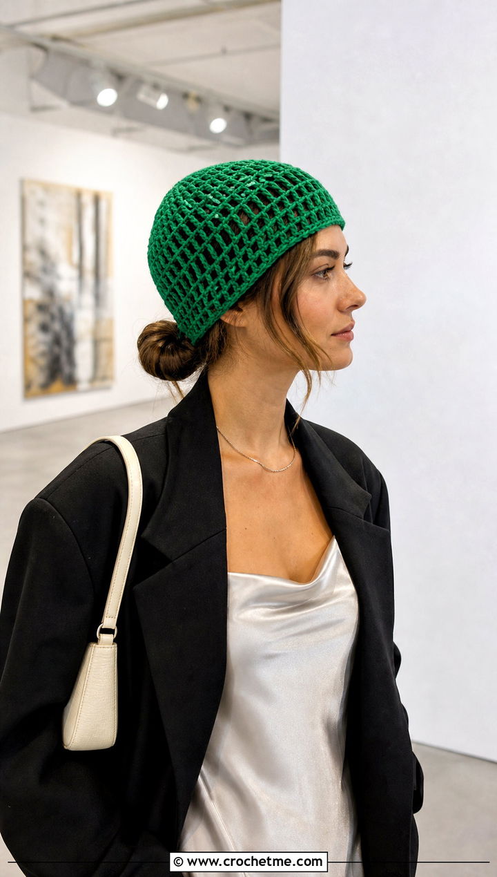 Mesh Crochet Beanie With Slip Dress And Oversized Blazer - 25 easy crochet beanies outfit ideas