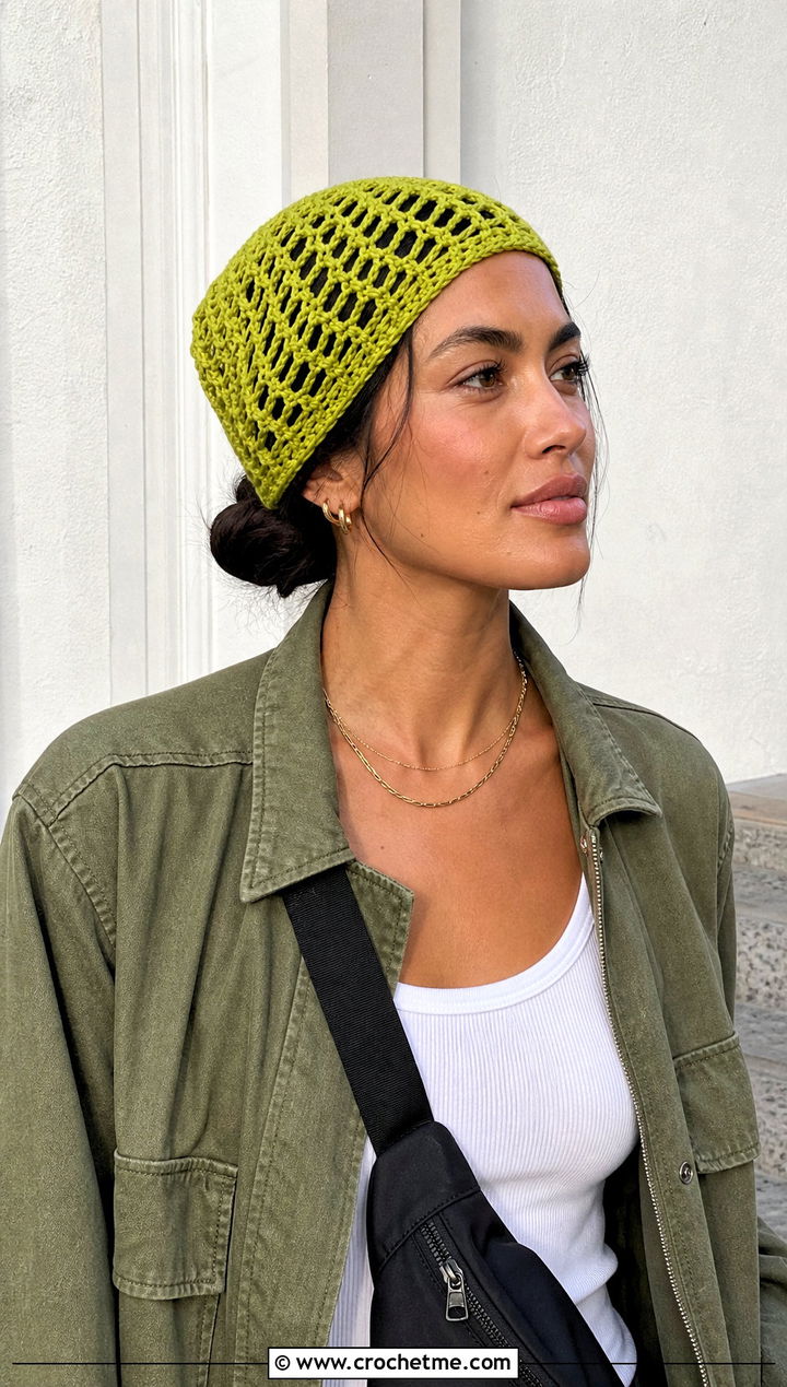 Mesh Crochet Beanie With Utility Jacket - 15 large crochet beanie outfit ideas