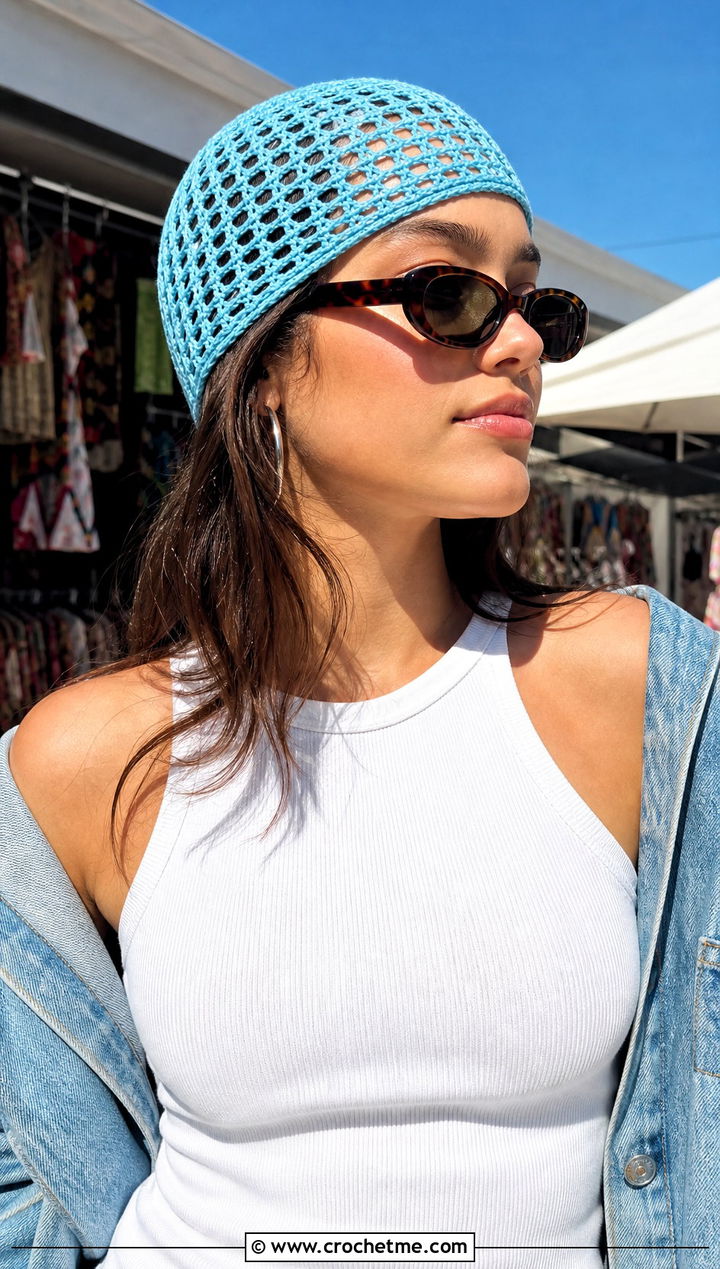 Mesh Crochet Beanie With White Tank And Denim Shorts - 30 summer crochet beanie outfit ideas