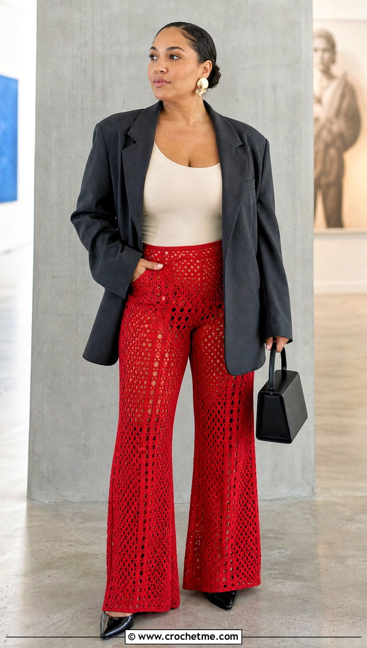 Mesh Crochet Bell Bottom Pants With Oversized Blazer - 15 crochet bell bottom pants outfit ideas