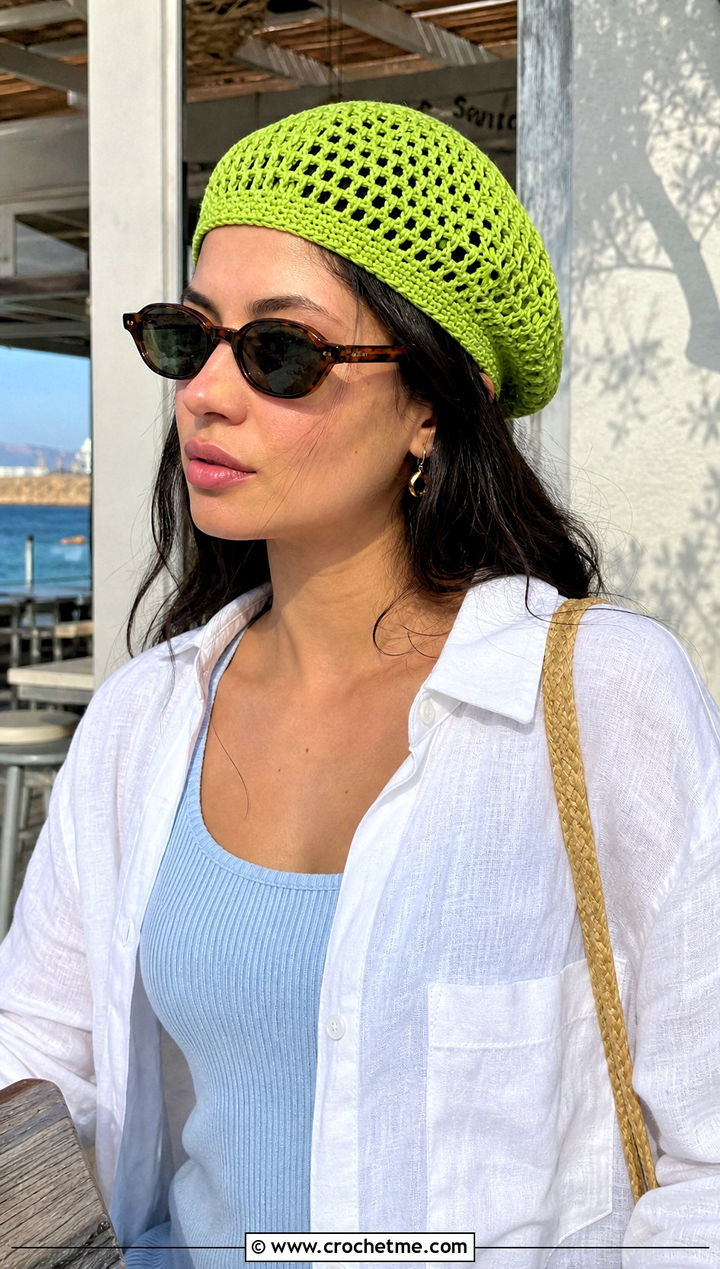 Mesh Crochet Beret With Linen Shirt And Shorts - 15 simple crochet beret outfit ideas