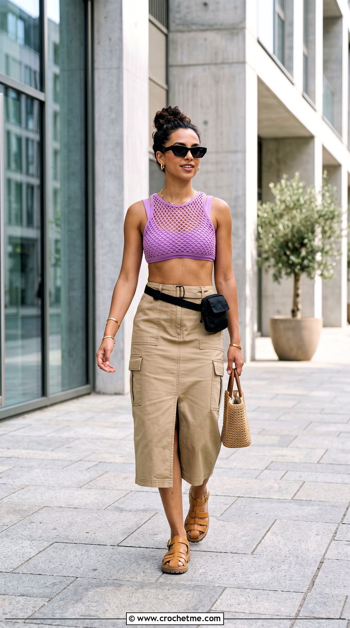 Mesh Crochet Bikini Top With Utility Midi Skirt - 35 boho crochet bikinis top outfit ideas