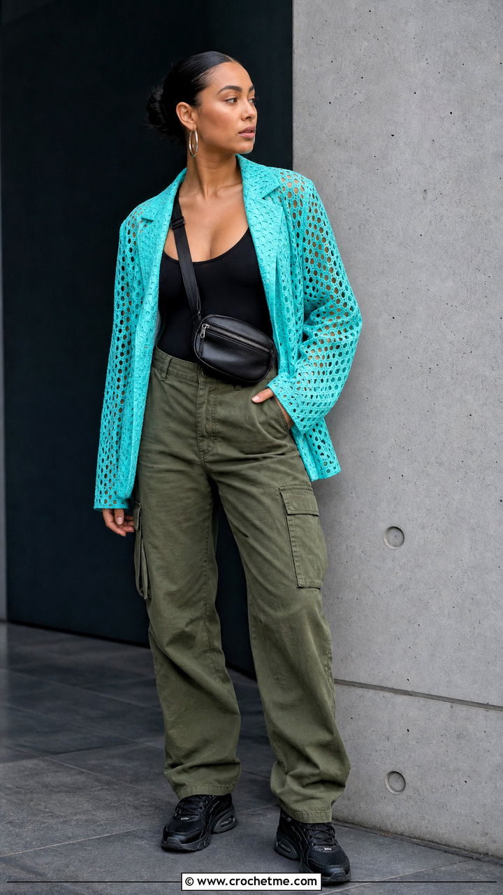 Mesh Crochet Blazer With Cargo Pants - 35 crochet blazer outfit ideas