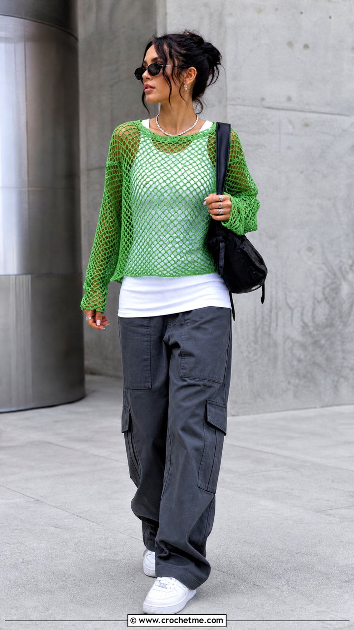 Mesh Crochet Blouse With Cargo Pants - 35 crochet blouse outfit ideas