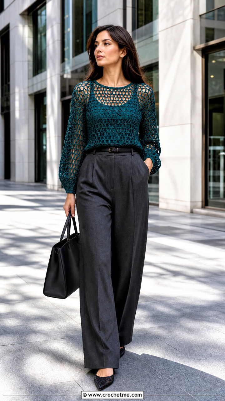 Mesh Crochet Blouse With Tailored Trousers - 35 crochet blouse for women outfit ideas
