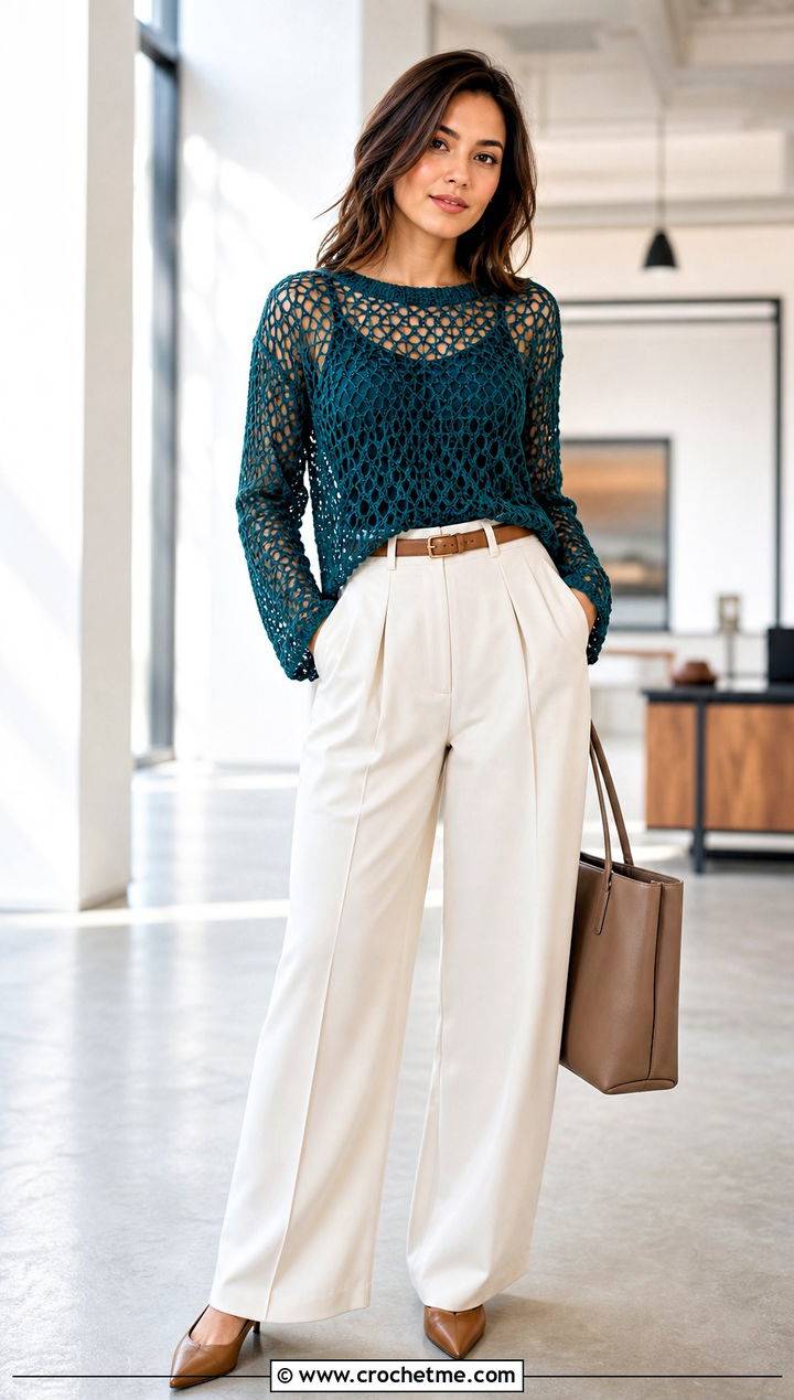 Mesh Crochet Blouse With Wide Leg Trousers - 15 Beginner Crochet Blouse outfit ideas