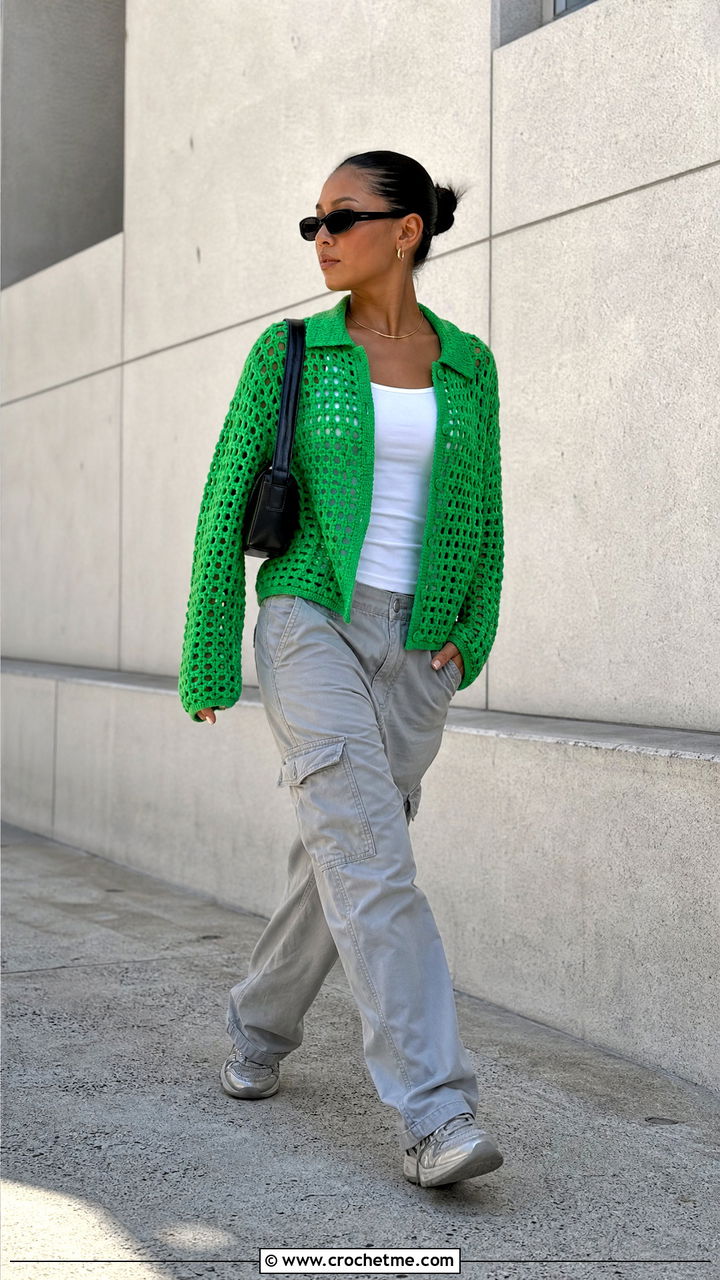Mesh Crochet Bog Jacket With Cargo Pants - 35 Crochet Bog Jacket outfit ideas